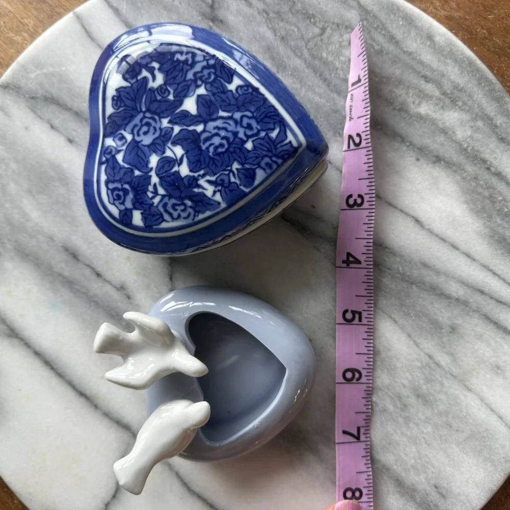Pair Of Blue Heart Shaped Trinket Dishes One Like Flow Blue/Lid, One With Birds